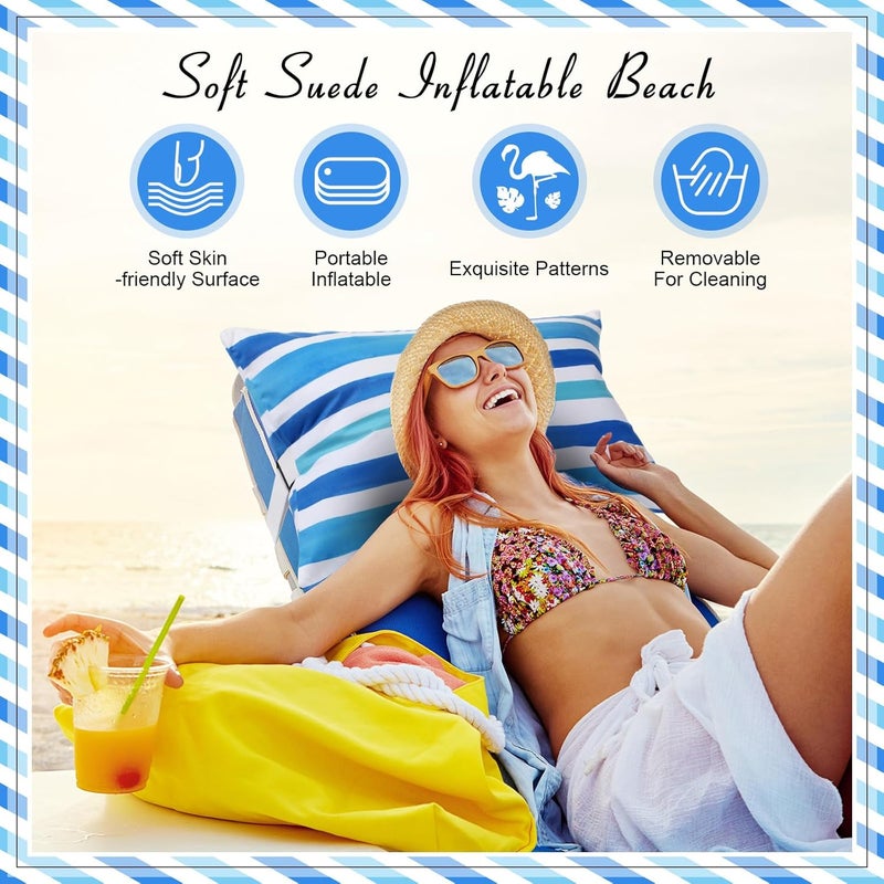 Menkxi 24"x15" Inflatable Beach Pillow with Removable Cover, Beach Chair Backpacking Pillow with Strap Stripe for Summer Sand Pools Travel Vacations(Blue White) - Image 2